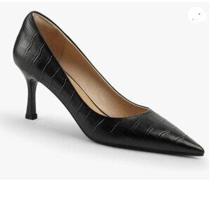FOWT Simple Solid Croc-Embossed Pointed Toe Black Pumps for Women Black
